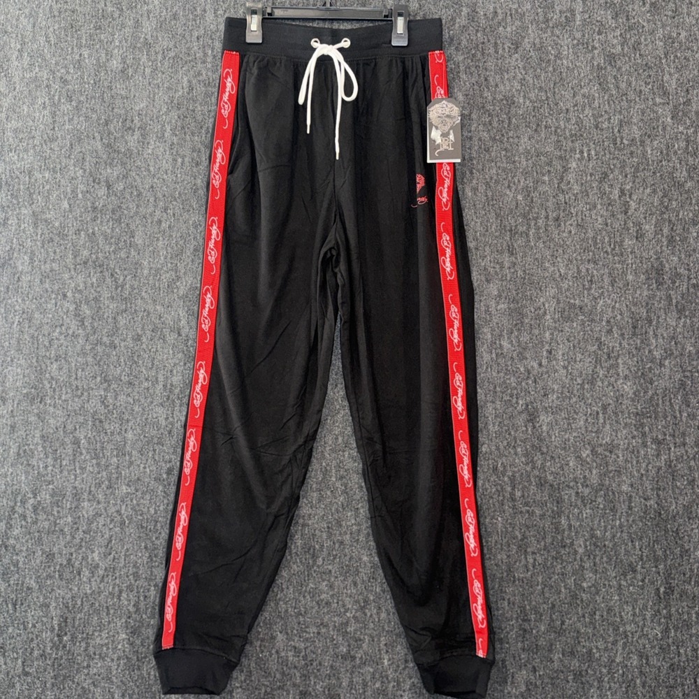 Ed‎ Hardy Lounge Pants Mens Large Black Red Logo Stripe Silky Fleece Joggers NWT